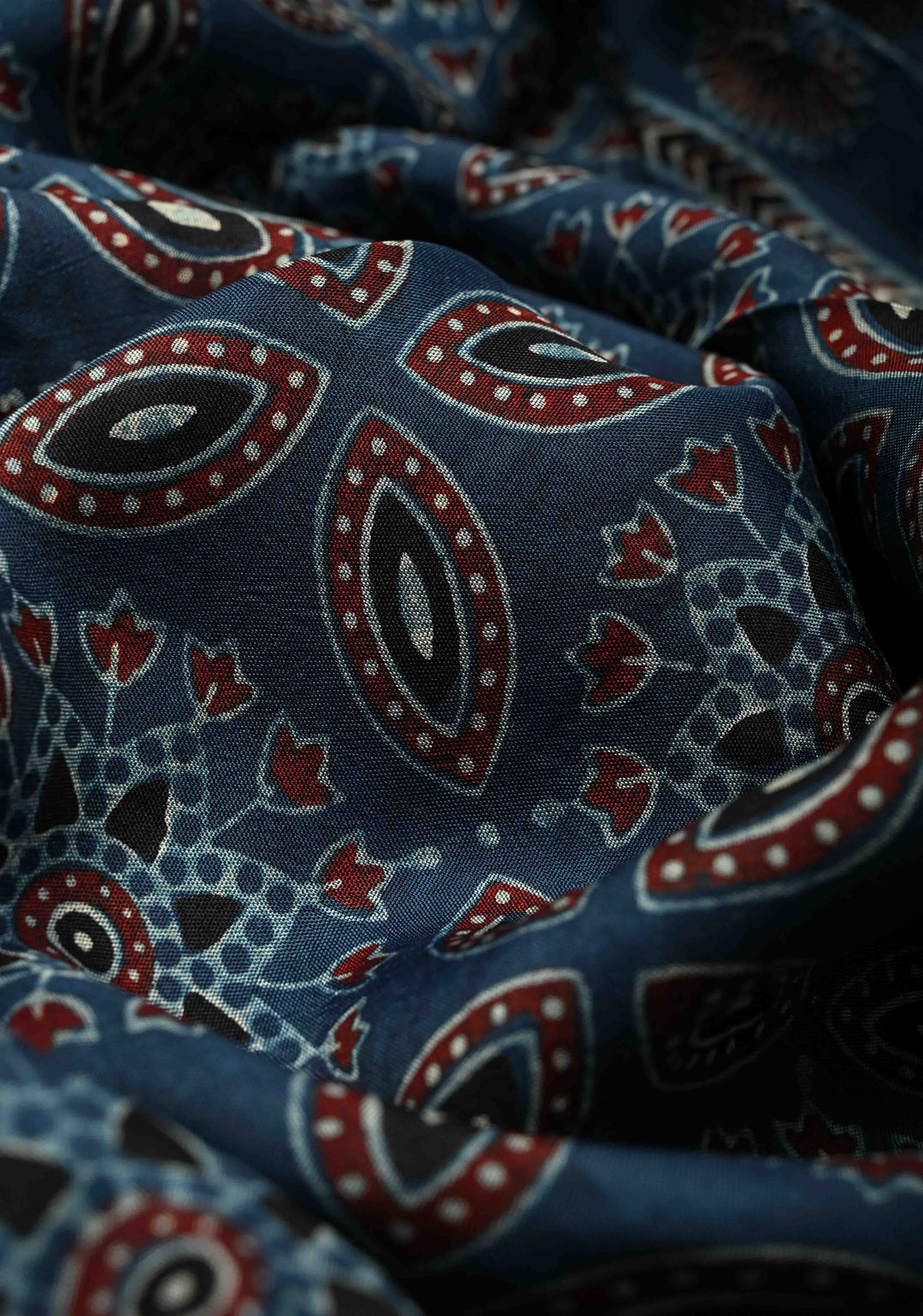 Indigo Dola Silk Saree with Ajrakh Hand Block Print and Fancy Zari Border