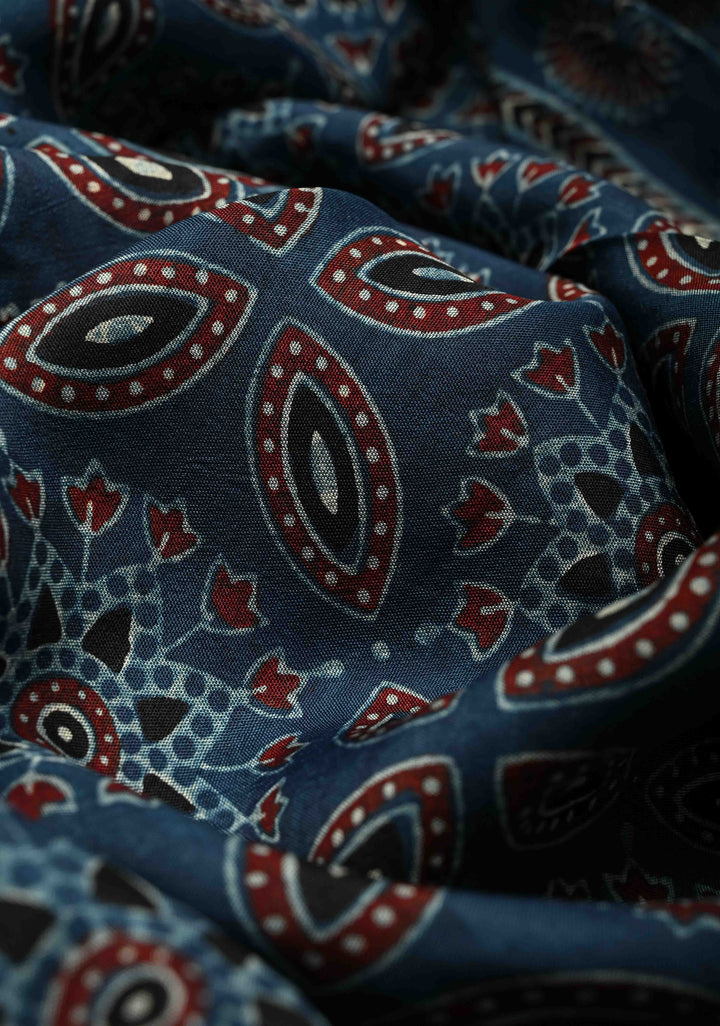 Indigo Dola Silk Saree with Ajrakh Hand Block Print and Fancy Zari Border