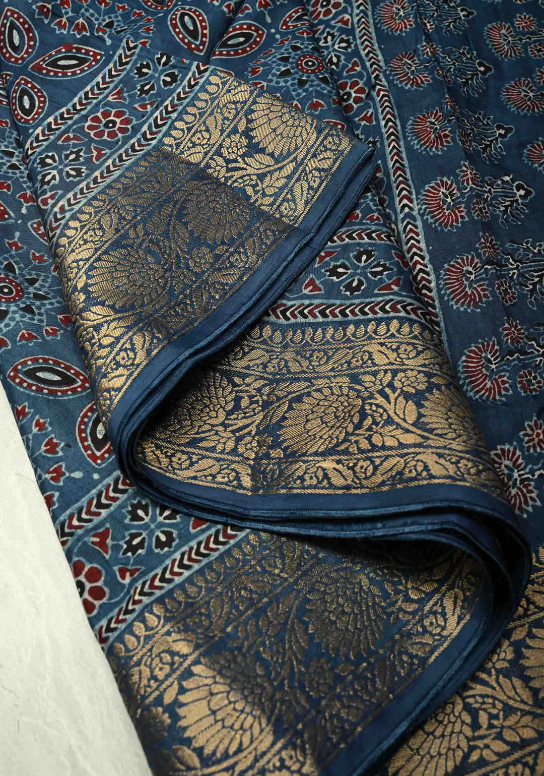 Indigo Dola Silk Saree with Ajrakh Hand Block Print and Fancy Zari Border