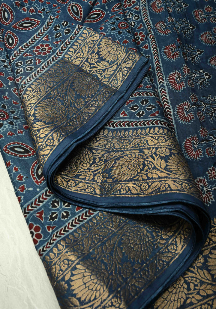 Indigo Dola Silk Saree with Ajrakh Hand Block Print and Fancy Zari Border