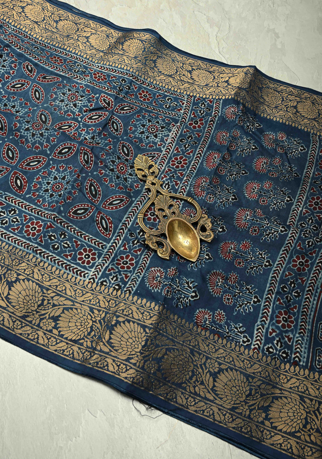 Indigo Dola Silk Saree with Ajrakh Hand Block Print and Fancy Zari Border