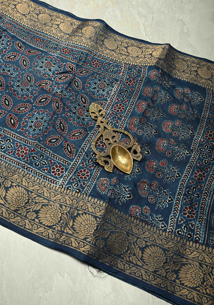 Indigo Dola Silk Saree with Ajrakh Hand Block Print and Fancy Zari Border