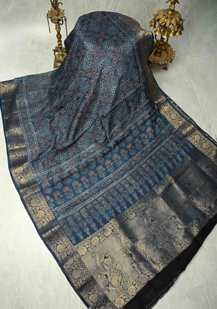 Indigo Dola Silk Saree with Ajrakh Hand Block Print and Fancy Zari Border