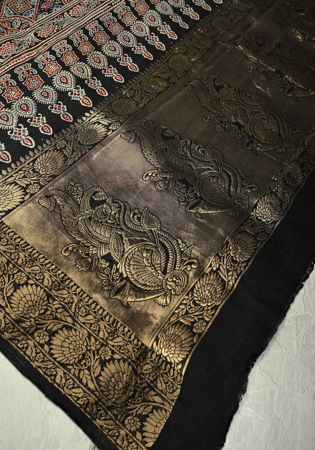 Black Dola Silk Saree with Hand Block Print and Fancy Zari Border