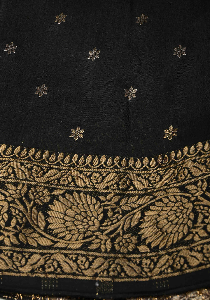 Black Dola Silk Saree with Hand Block Print and Fancy Zari Border