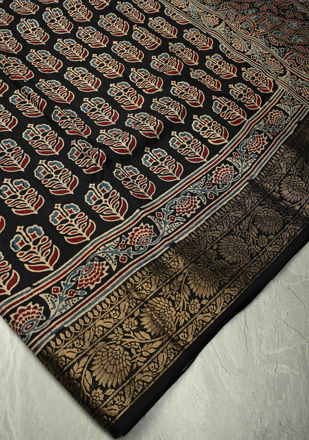 Black Dola Silk Saree with Hand Block Print and Fancy Zari Border