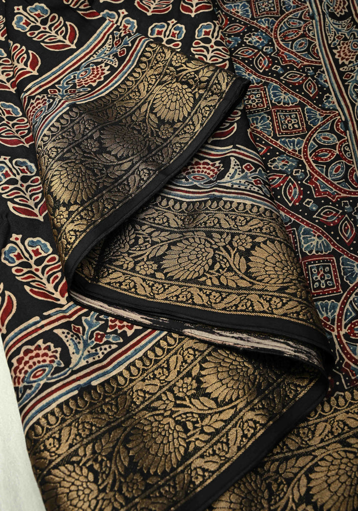 Black Dola Silk Saree with Hand Block Print and Fancy Zari Border