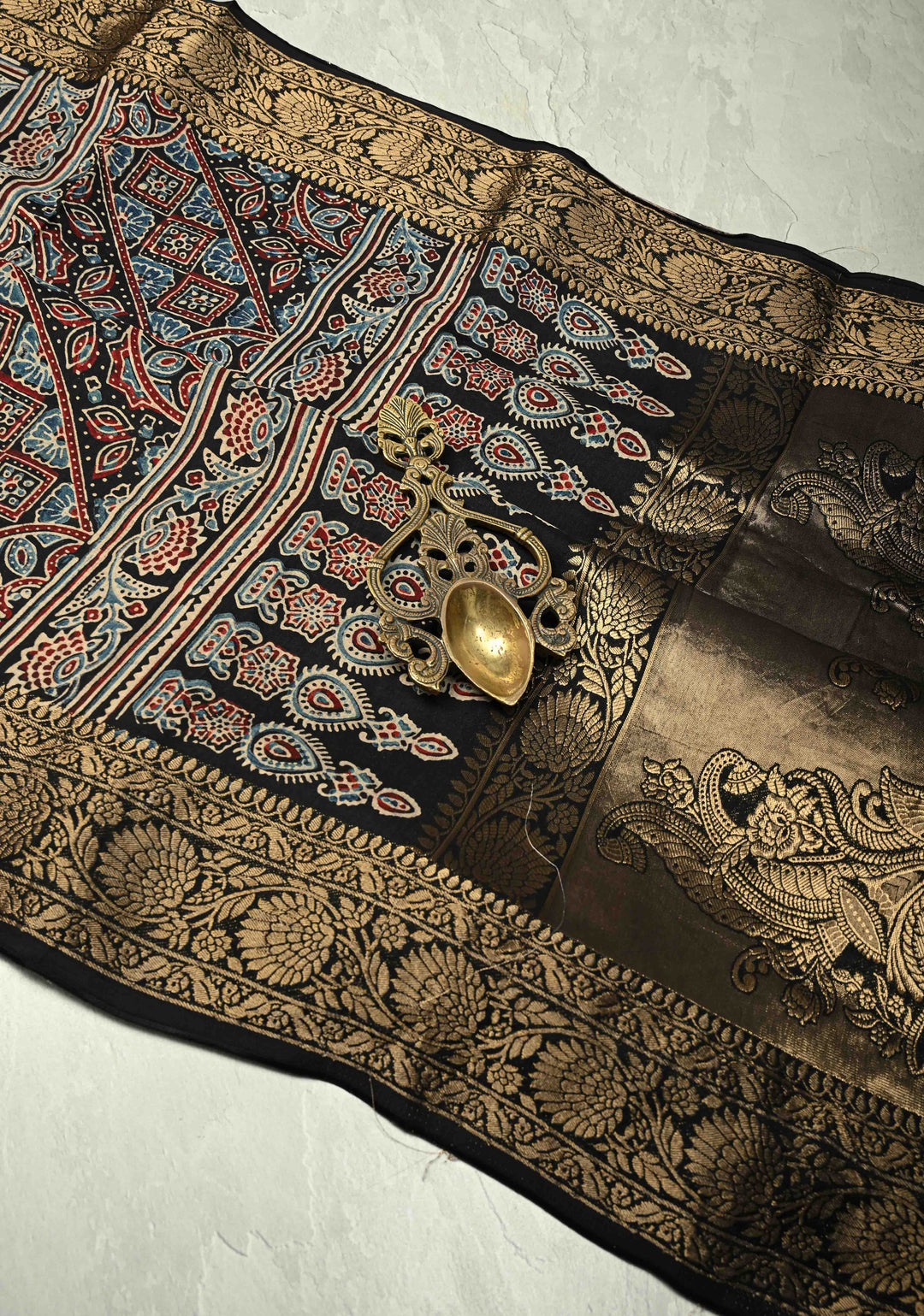 Black Dola Silk Saree with Hand Block Print and Fancy Zari Border