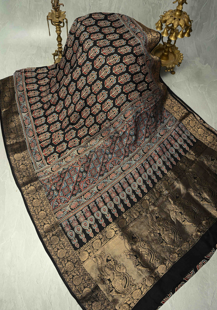 Black Dola Silk Saree with Hand Block Print and Fancy Zari Border