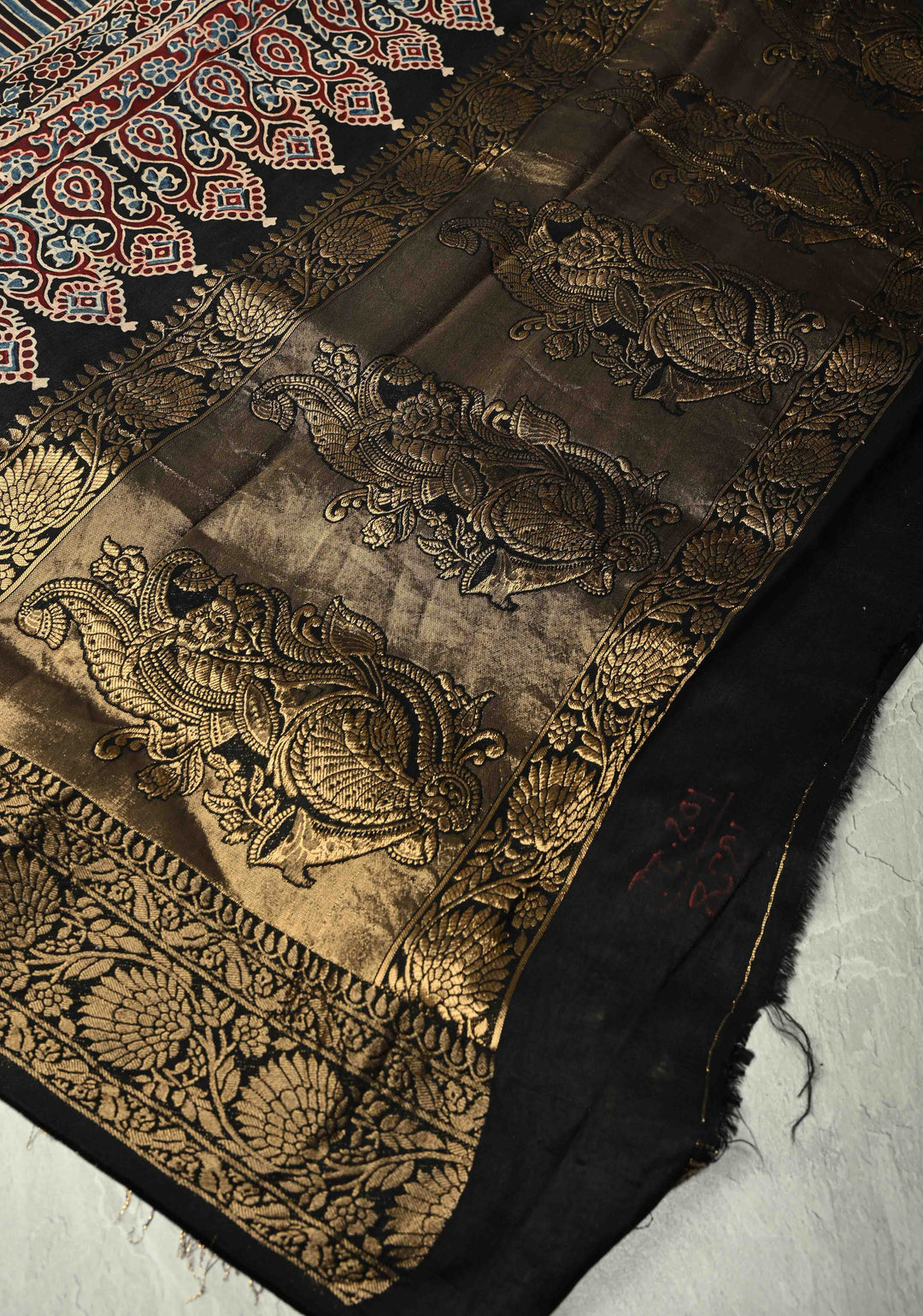 Black Dola Silk Saree with Ajrakh Hand Block Print and Fancy Zari Border