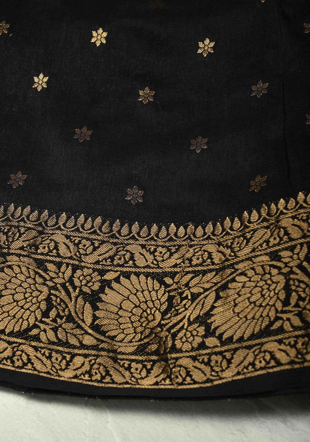 Black Dola Silk Saree with Ajrakh Hand Block Print and Fancy Zari Border