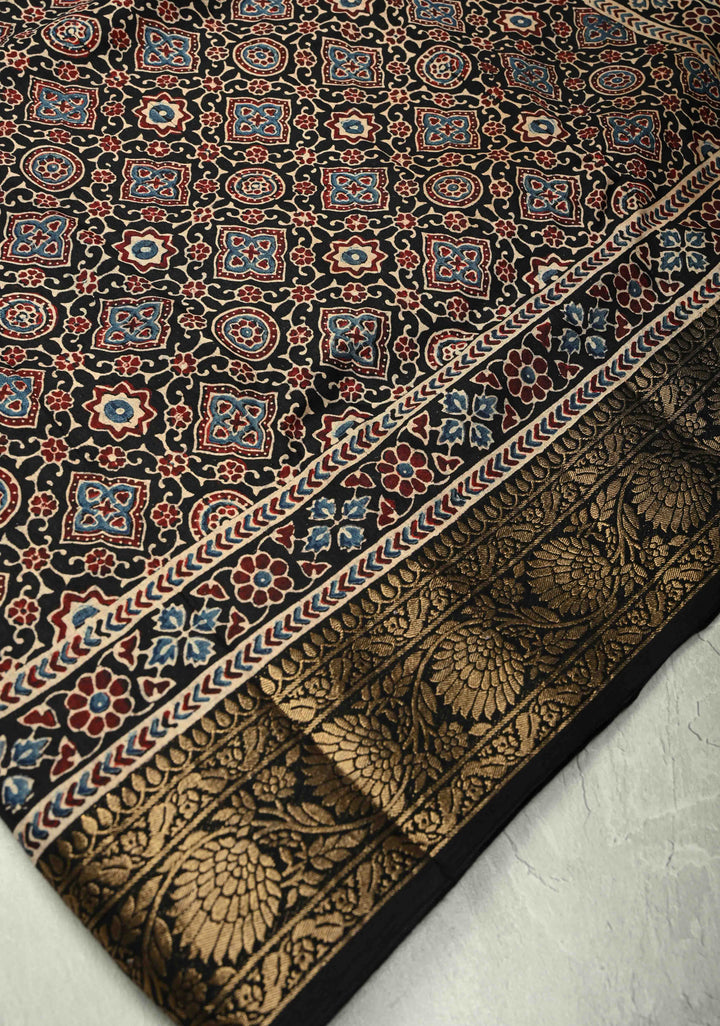 Black Dola Silk Saree with Ajrakh Hand Block Print and Fancy Zari Border