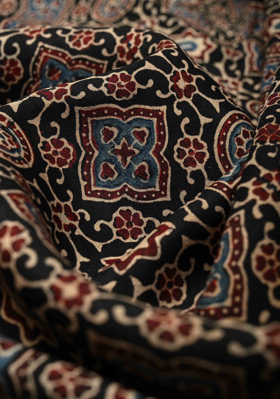 Black Dola Silk Saree with Ajrakh Hand Block Print and Fancy Zari Border