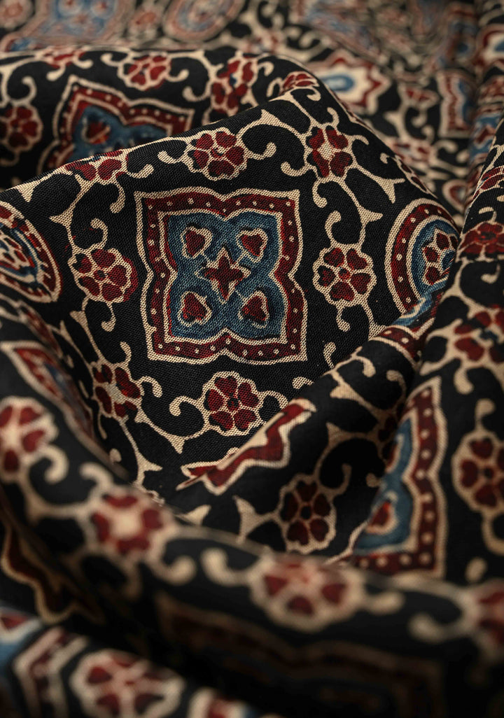 Black Dola Silk Saree with Ajrakh Hand Block Print and Fancy Zari Border