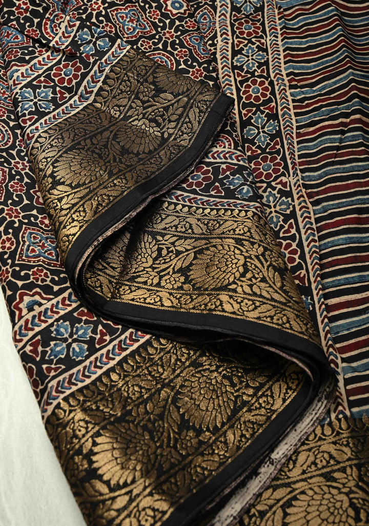 Black Dola Silk Saree with Ajrakh Hand Block Print and Fancy Zari Border