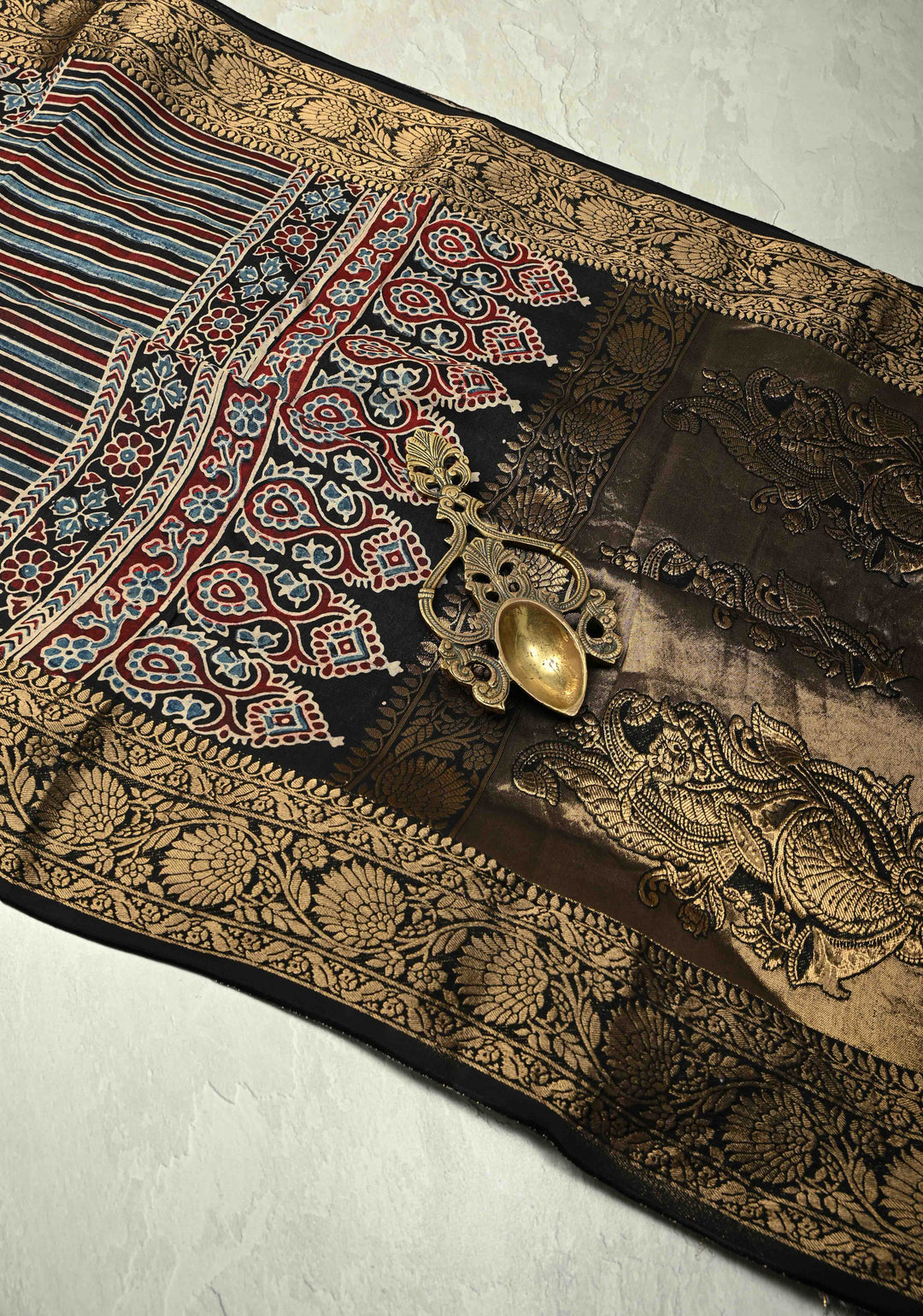 Black Dola Silk Saree with Ajrakh Hand Block Print and Fancy Zari Border