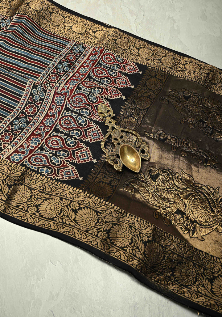 Black Dola Silk Saree with Ajrakh Hand Block Print and Fancy Zari Border
