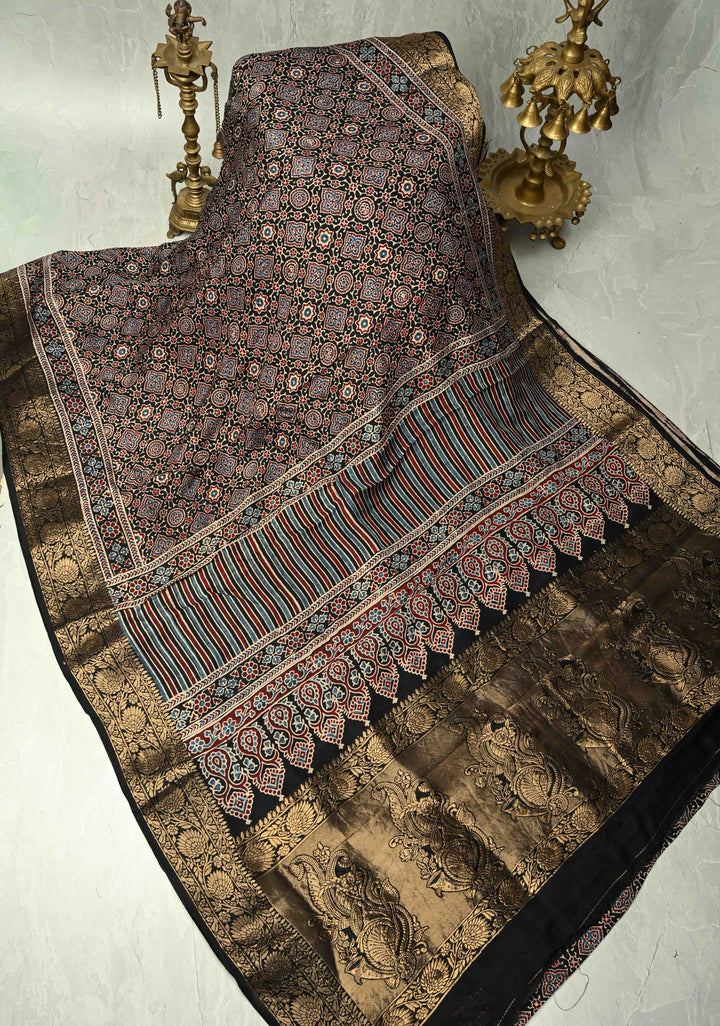 Black Dola Silk Saree with Ajrakh Hand Block Print and Fancy Zari Border