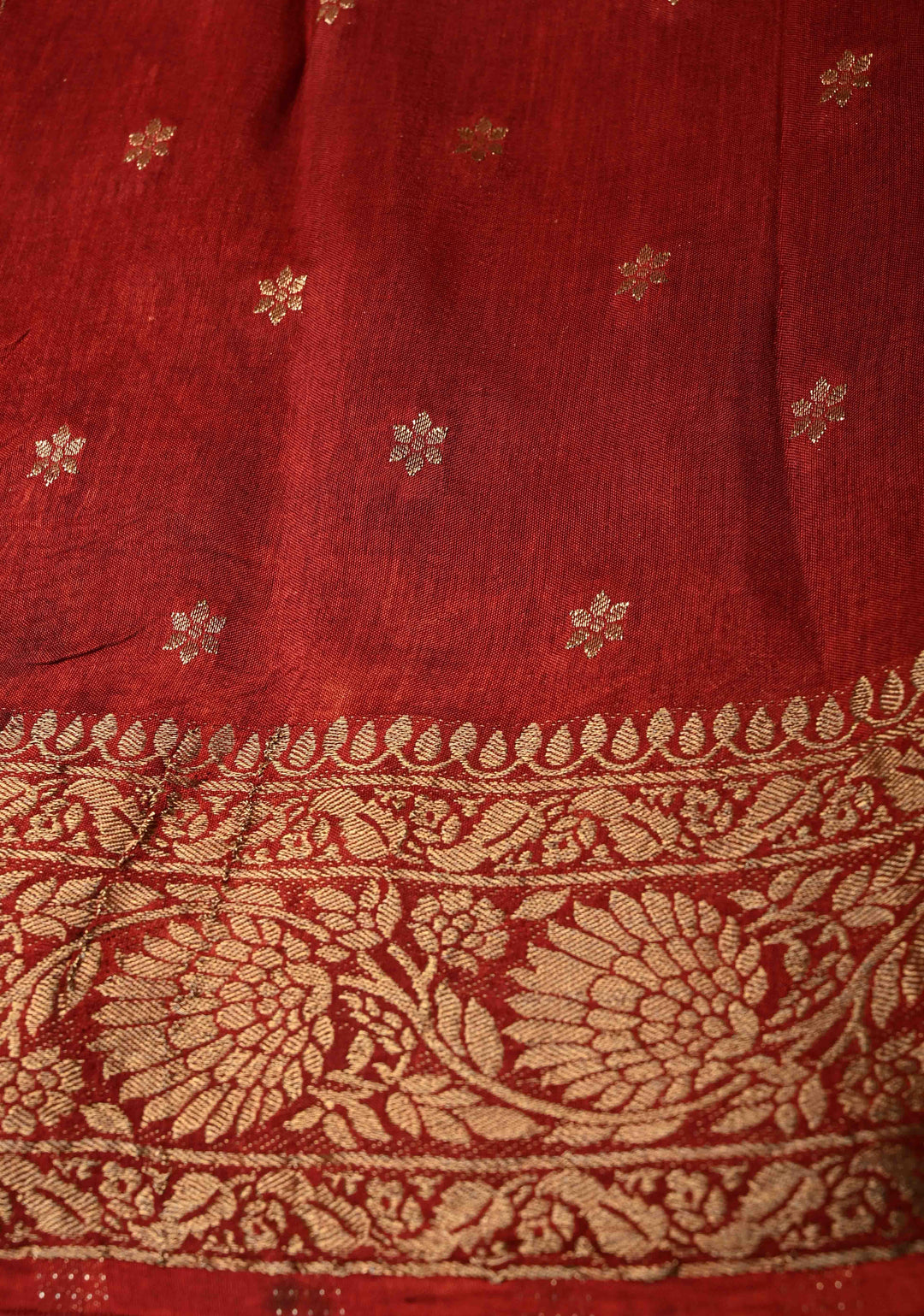 Brick Red Dola Silk Saree with Ajrakh Hand Block Print and Fancy Zari Border