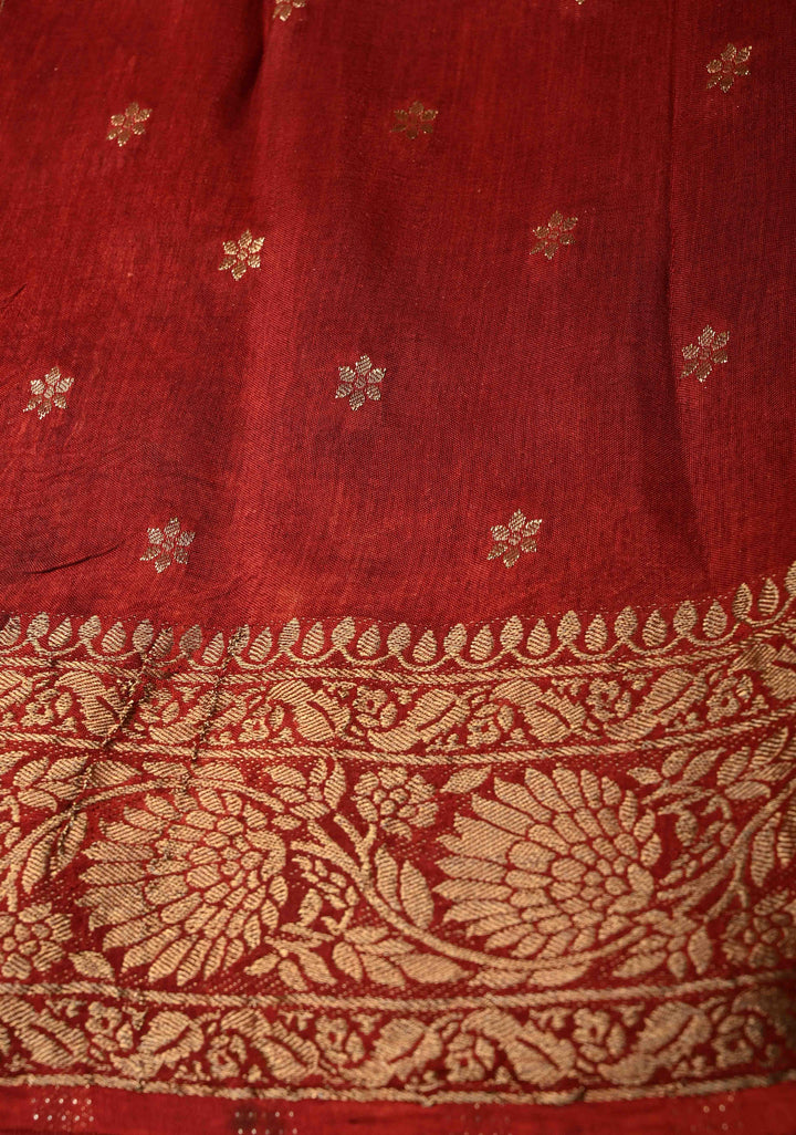 Brick Red Dola Silk Saree with Ajrakh Hand Block Print and Fancy Zari Border