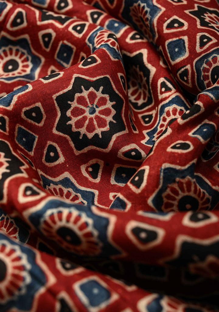 Brick Red Dola Silk Saree with Ajrakh Hand Block Print and Fancy Zari Border