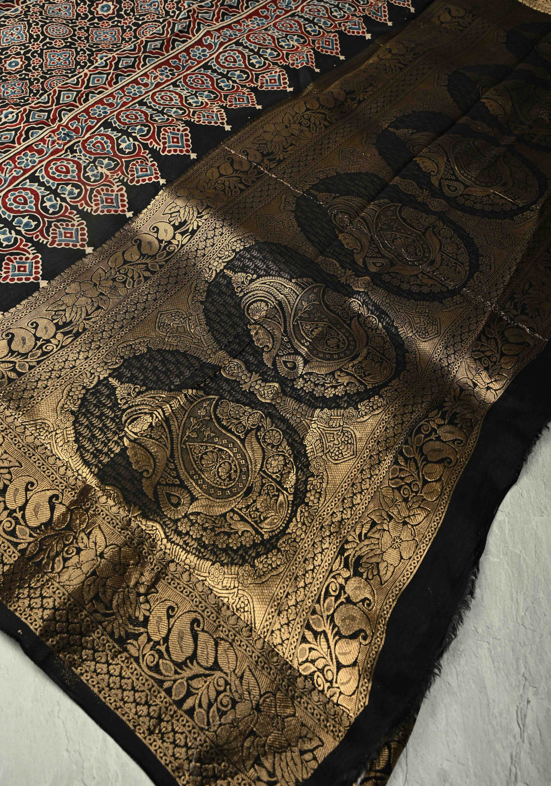 Black Dola Silk Saree with Bagru Hand Block Print and Fancy Zari Border
