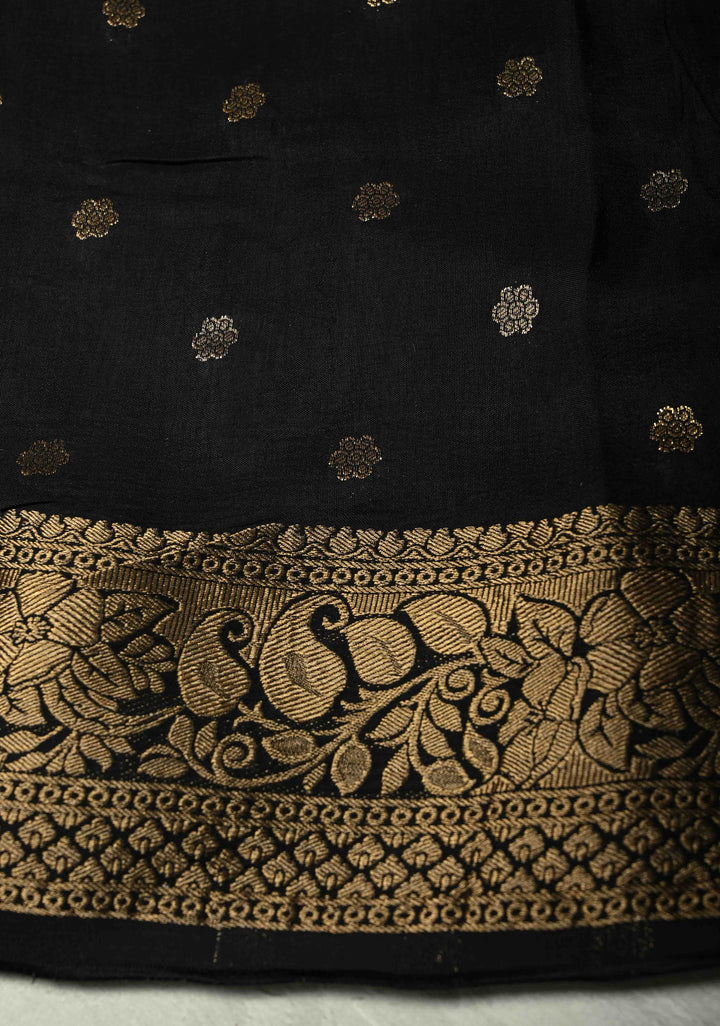 Black Dola Silk Saree with Bagru Hand Block Print and Fancy Zari Border