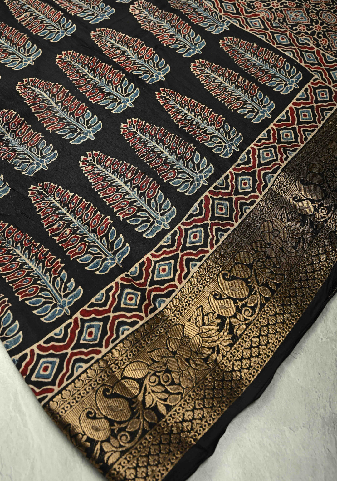 Black Dola Silk Saree with Bagru Hand Block Print and Fancy Zari Border