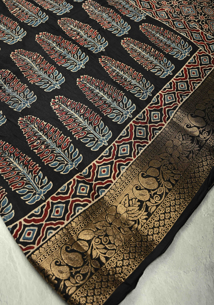 Black Dola Silk Saree with Bagru Hand Block Print and Fancy Zari Border