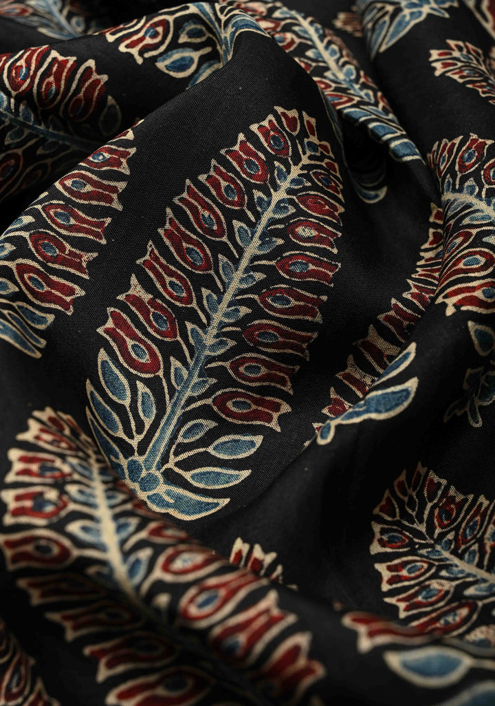 Black Dola Silk Saree with Bagru Hand Block Print and Fancy Zari Border
