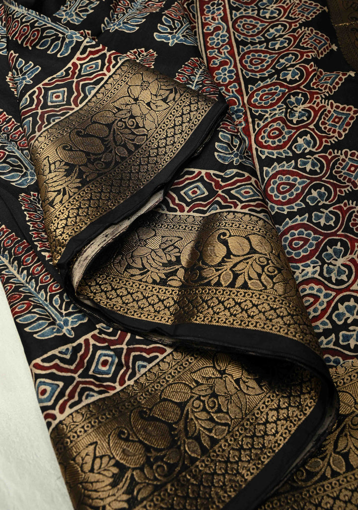 Black Dola Silk Saree with Bagru Hand Block Print and Fancy Zari Border