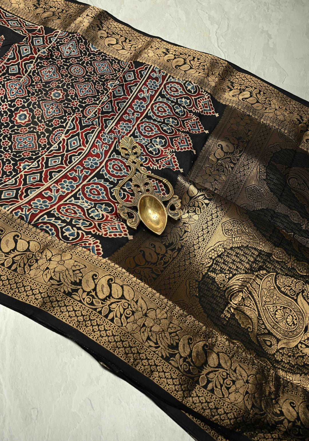 Black Dola Silk Saree with Bagru Hand Block Print and Fancy Zari Border