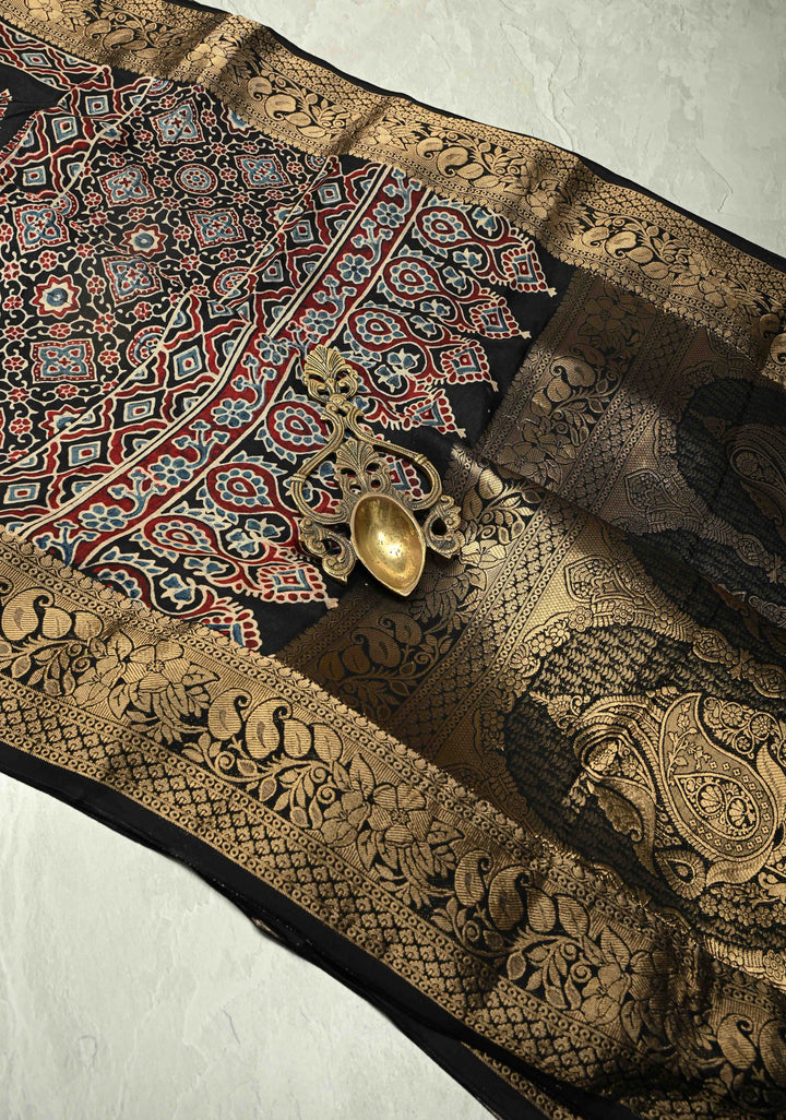 Black Dola Silk Saree with Bagru Hand Block Print and Fancy Zari Border