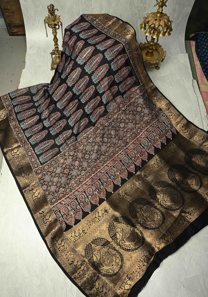 Black Dola Silk Saree with Bagru Hand Block Print and Fancy Zari Border