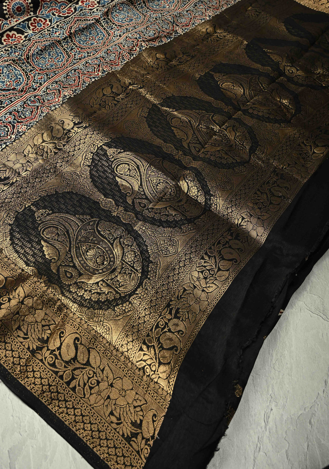 Black Dola Silk Saree with Floral Hand Block Print and Fancy Zari Border