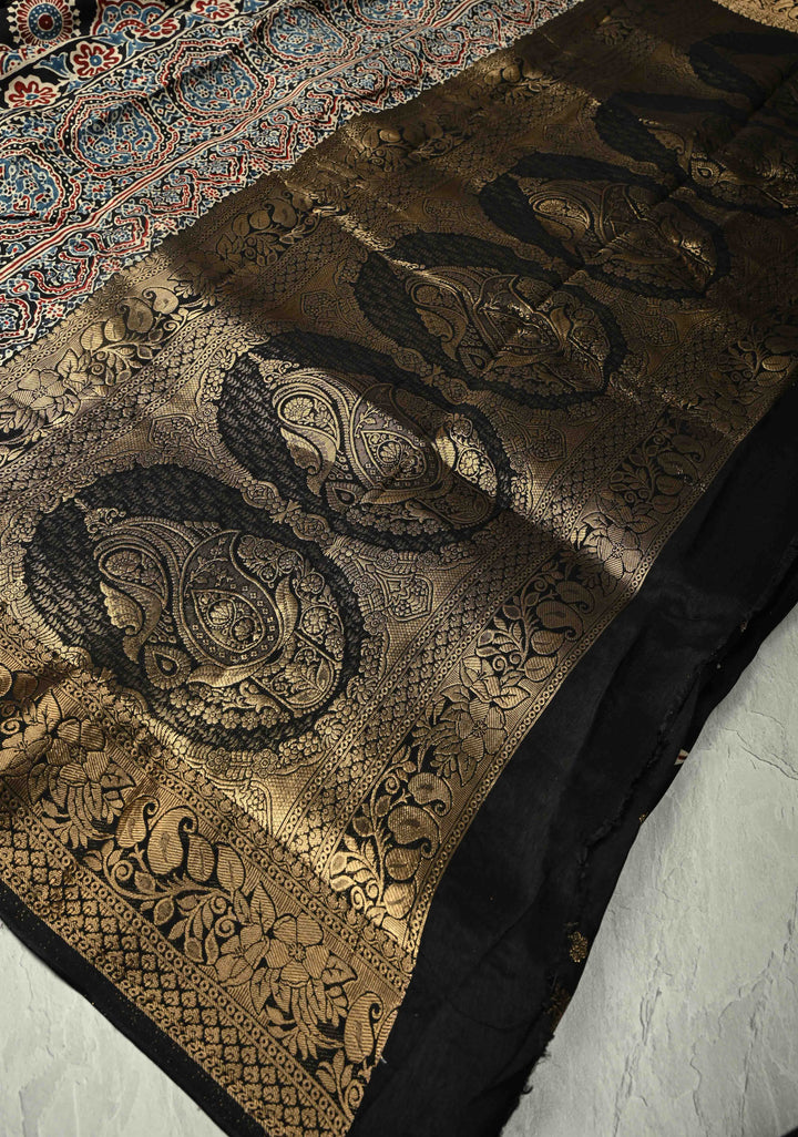 Black Dola Silk Saree with Floral Hand Block Print and Fancy Zari Border