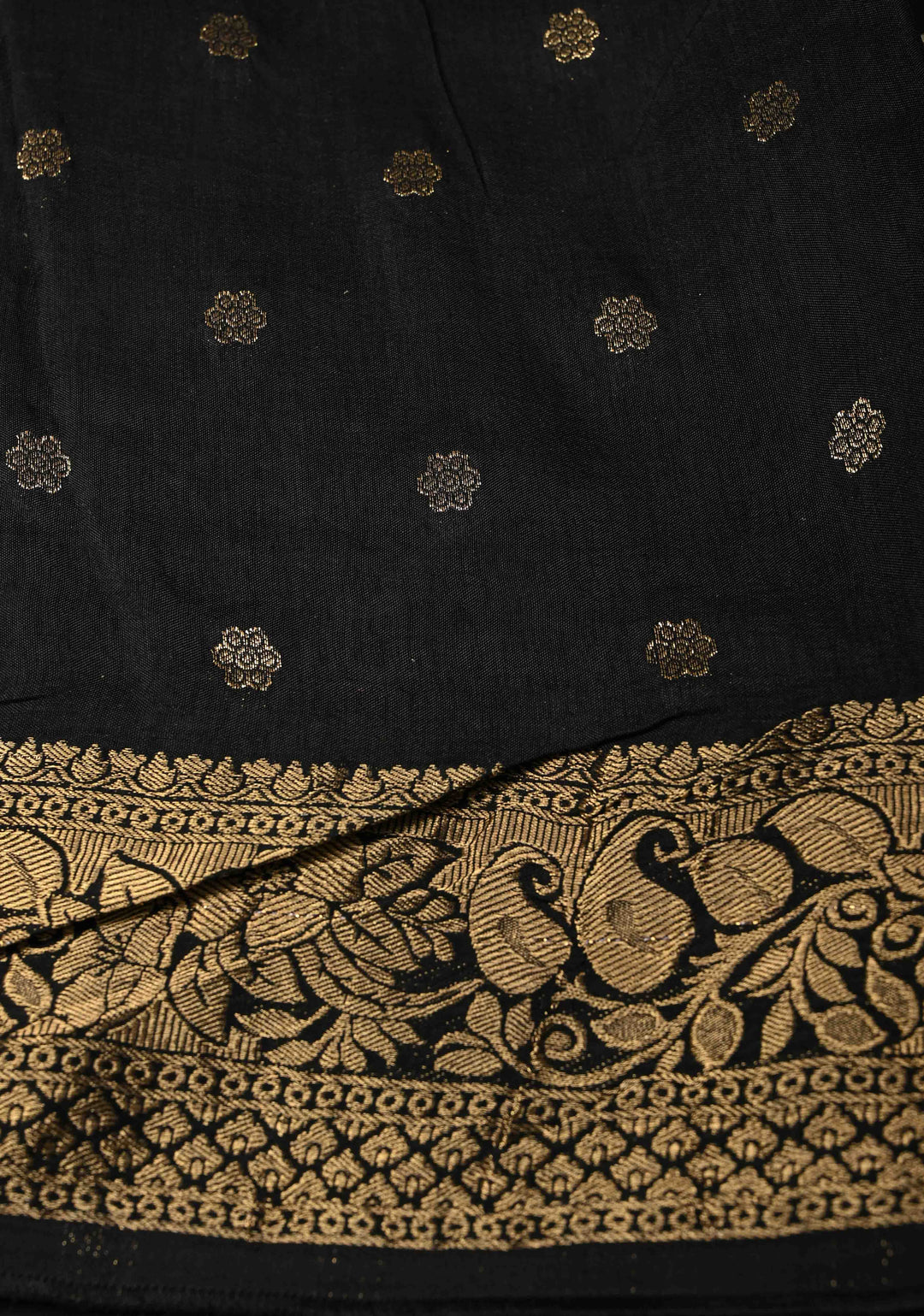 Black Dola Silk Saree with Floral Hand Block Print and Fancy Zari Border