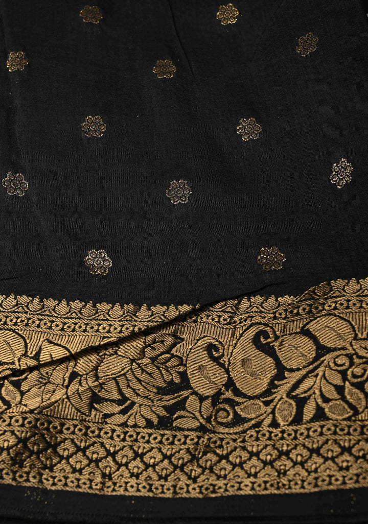 Black Dola Silk Saree with Floral Hand Block Print and Fancy Zari Border