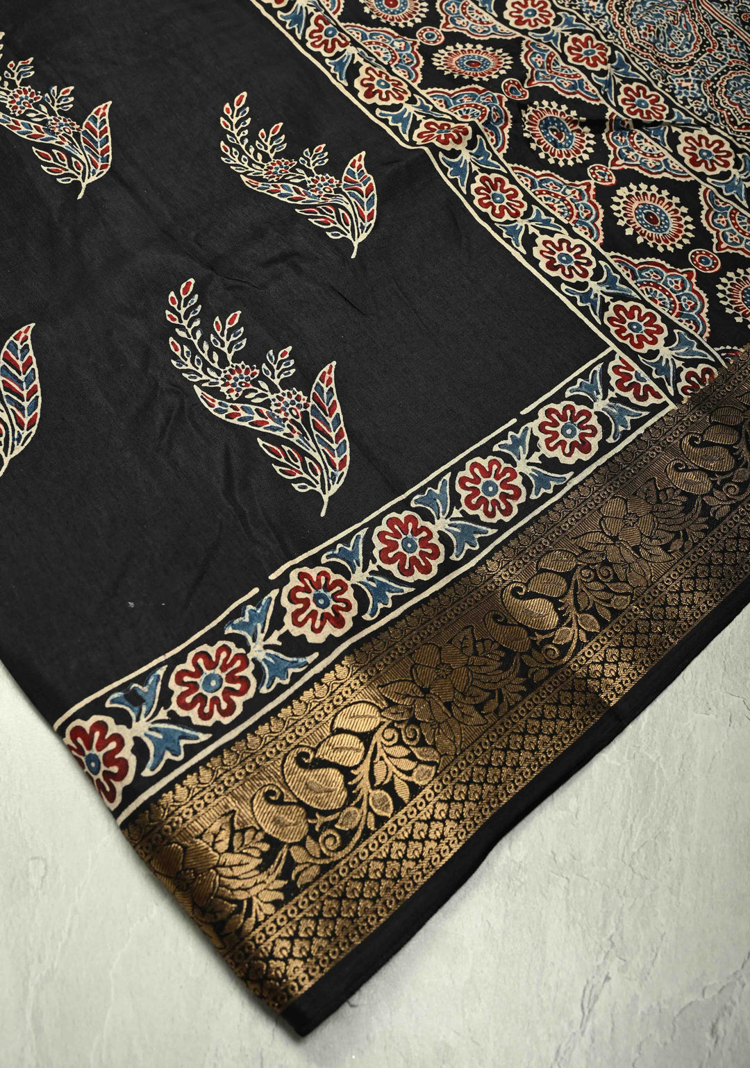 Black Dola Silk Saree with Floral Hand Block Print and Fancy Zari Border