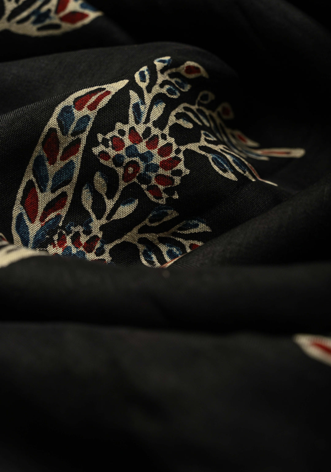 Black Dola Silk Saree with Floral Hand Block Print and Fancy Zari Border