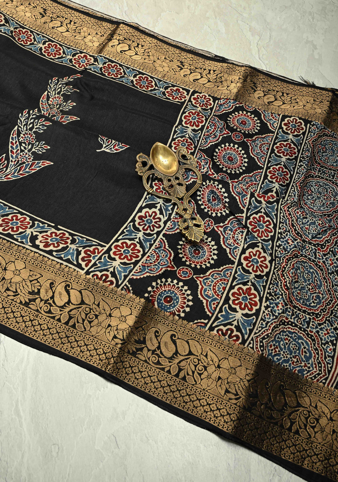 Black Dola Silk Saree with Floral Hand Block Print and Fancy Zari Border
