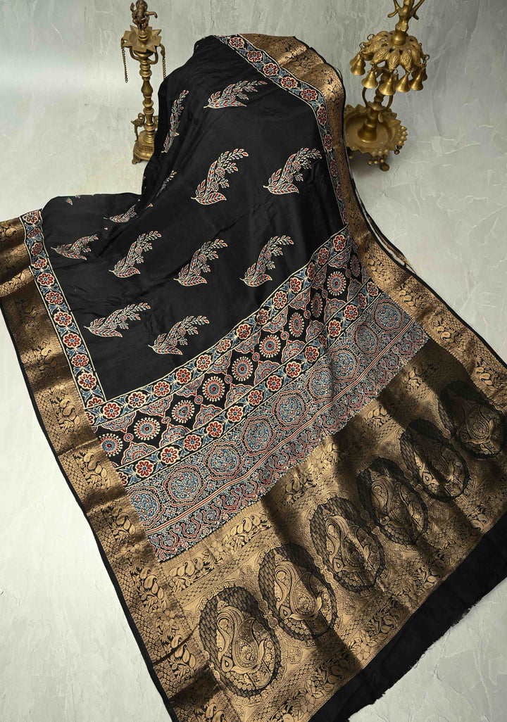 Black Dola Silk Saree with Floral Hand Block Print and Fancy Zari Border