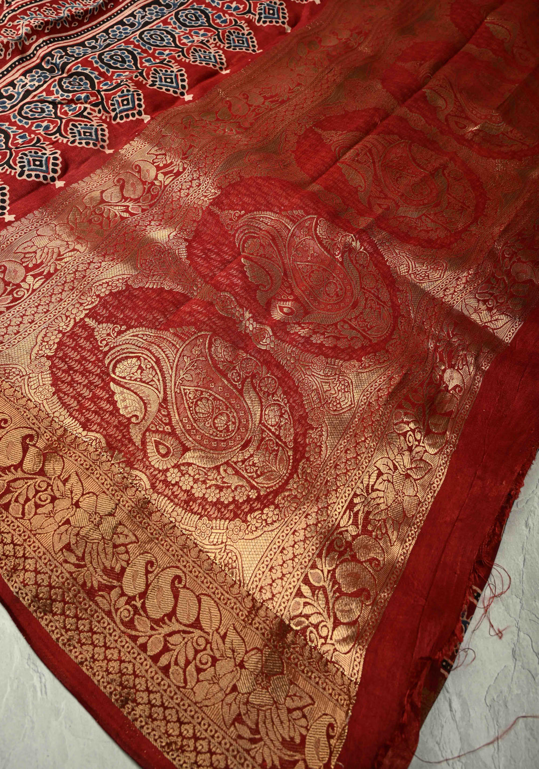 Maroon Dola Silk Saree with Bagru Hand Block Print and Fancy Zari Border