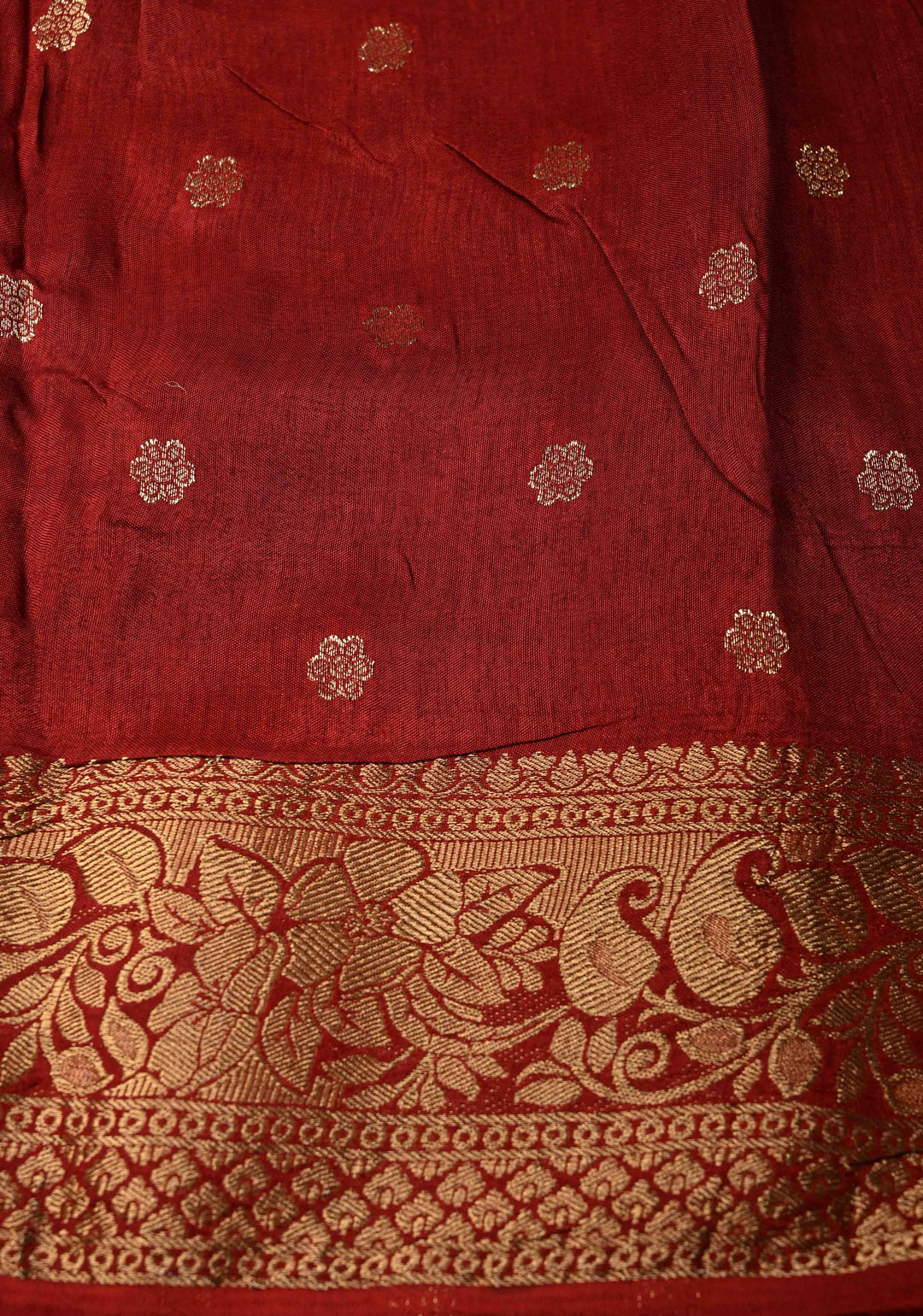 Maroon Dola Silk Saree with Bagru Hand Block Print and Fancy Zari Border