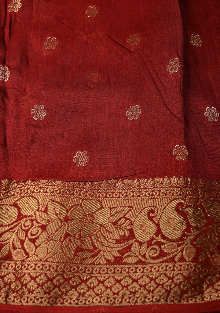 Maroon Dola Silk Saree with Bagru Hand Block Print and Fancy Zari Border