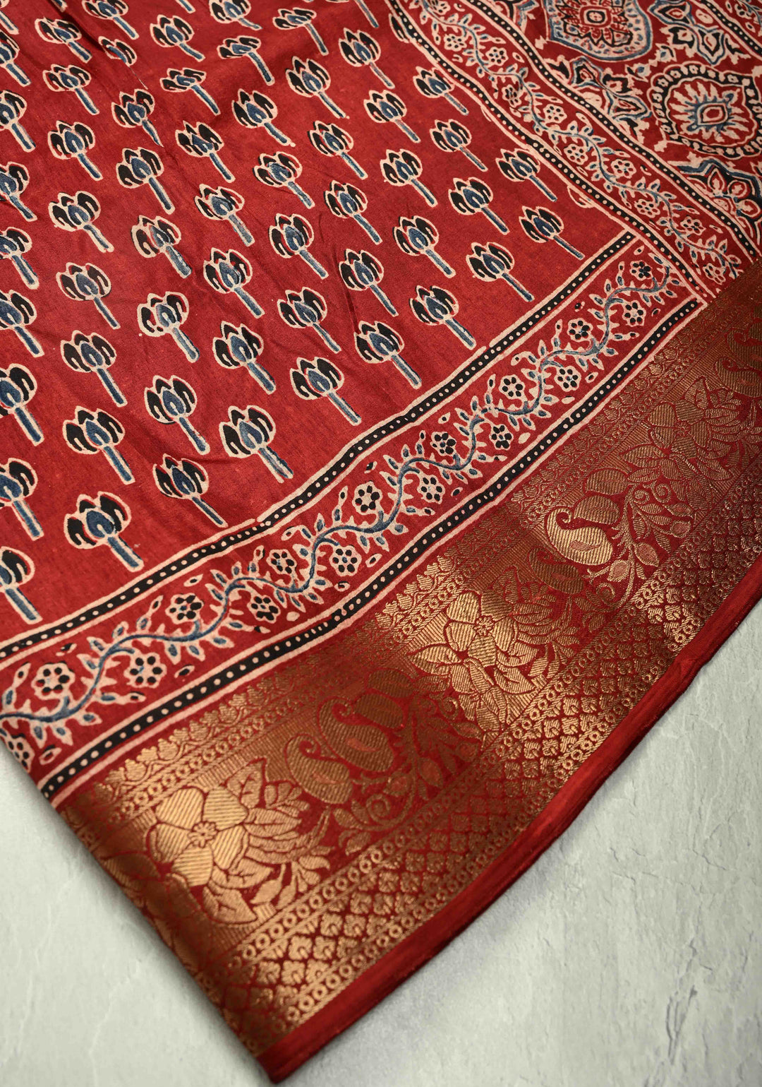 Maroon Dola Silk Saree with Bagru Hand Block Print and Fancy Zari Border
