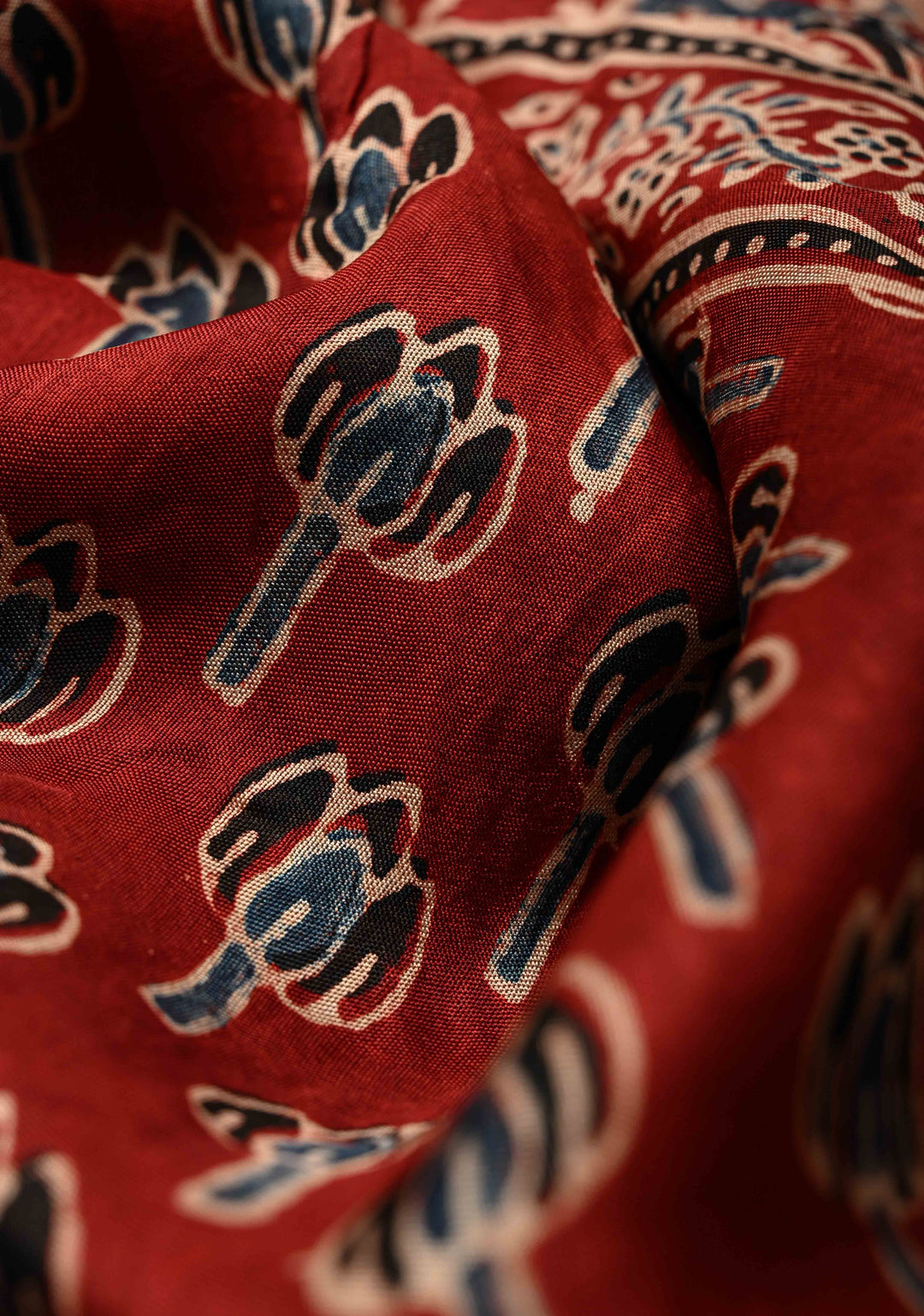 Maroon Dola Silk Saree with Bagru Hand Block Print and Fancy Zari Border