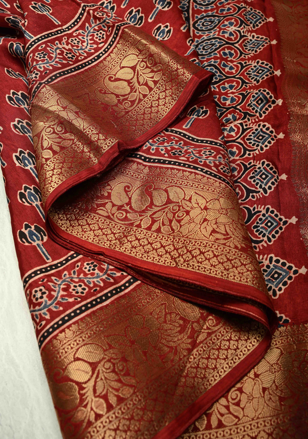 Maroon Dola Silk Saree with Bagru Hand Block Print and Fancy Zari Border