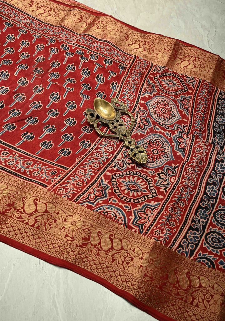 Maroon Dola Silk Saree with Bagru Hand Block Print and Fancy Zari Border