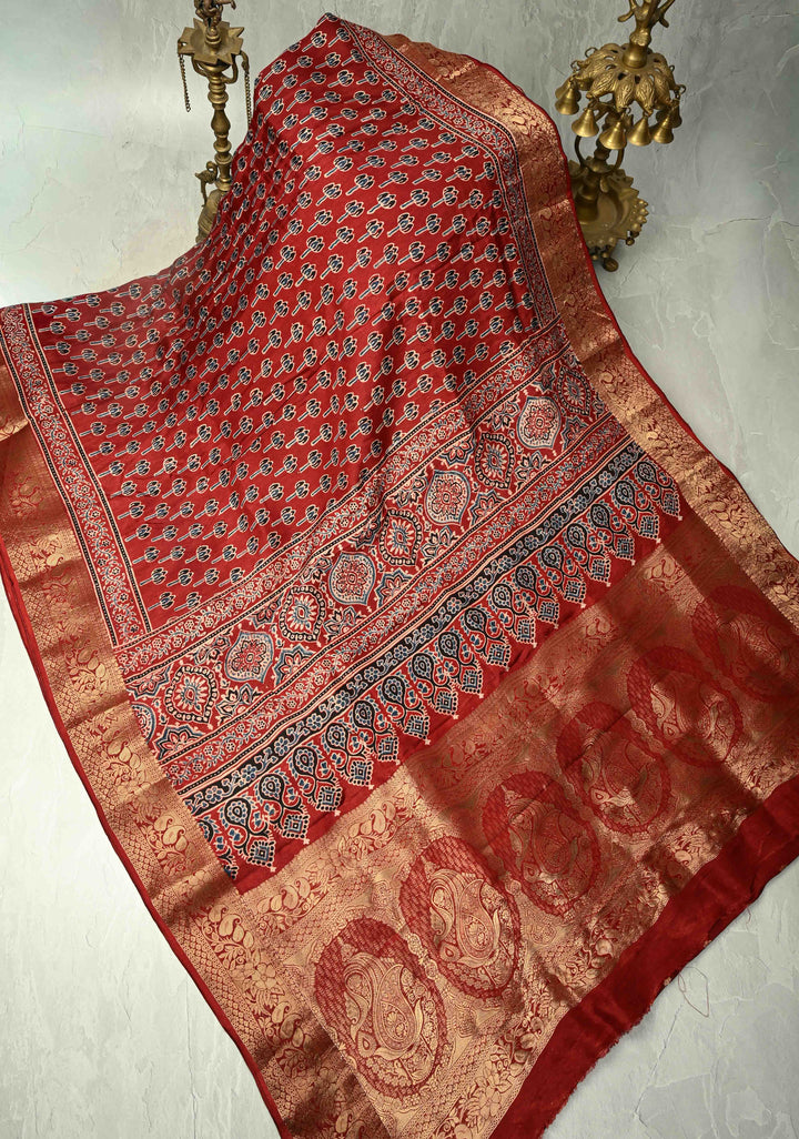 Maroon Dola Silk Saree with Bagru Hand Block Print and Fancy Zari Border